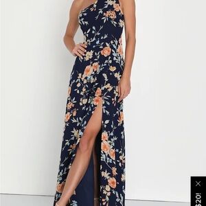 NWT Lulu's Elegant Admiration Navy Blue Floral One-Shoulder Maxi Dress